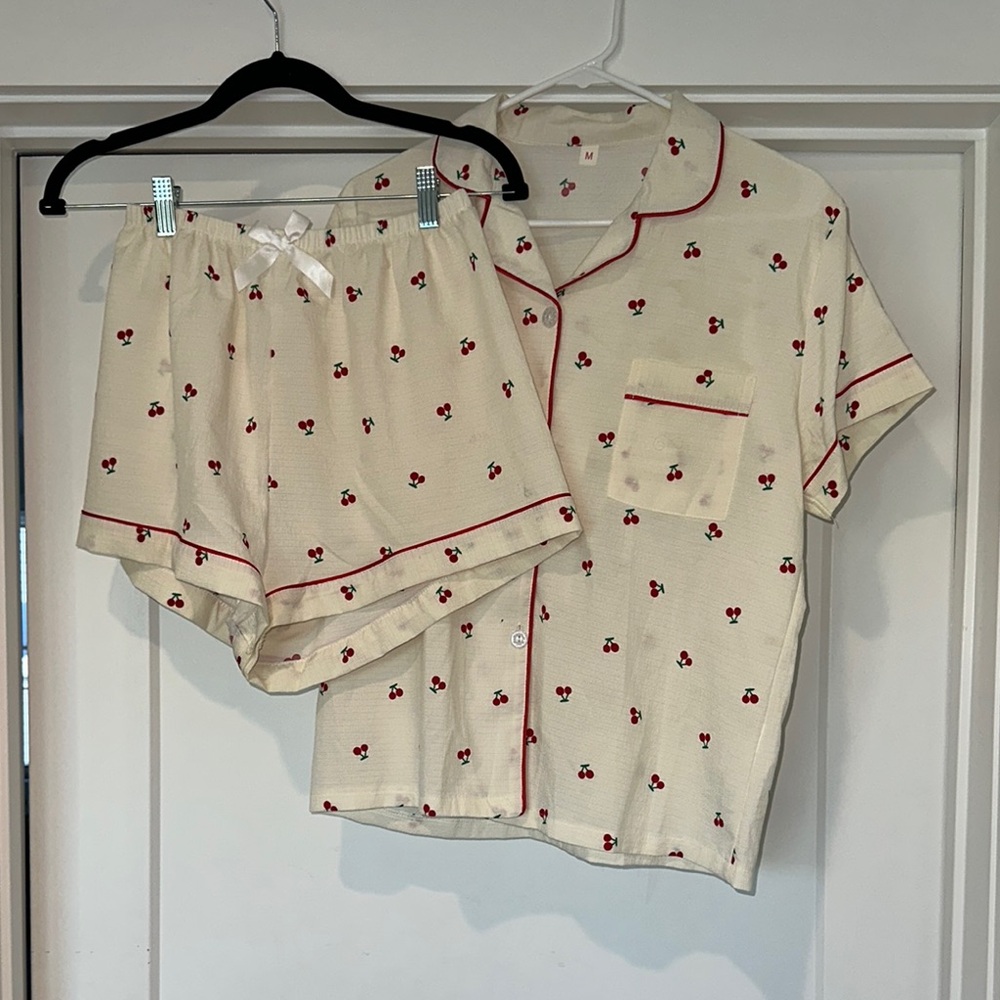 Cream Cherry Print Pajama Set